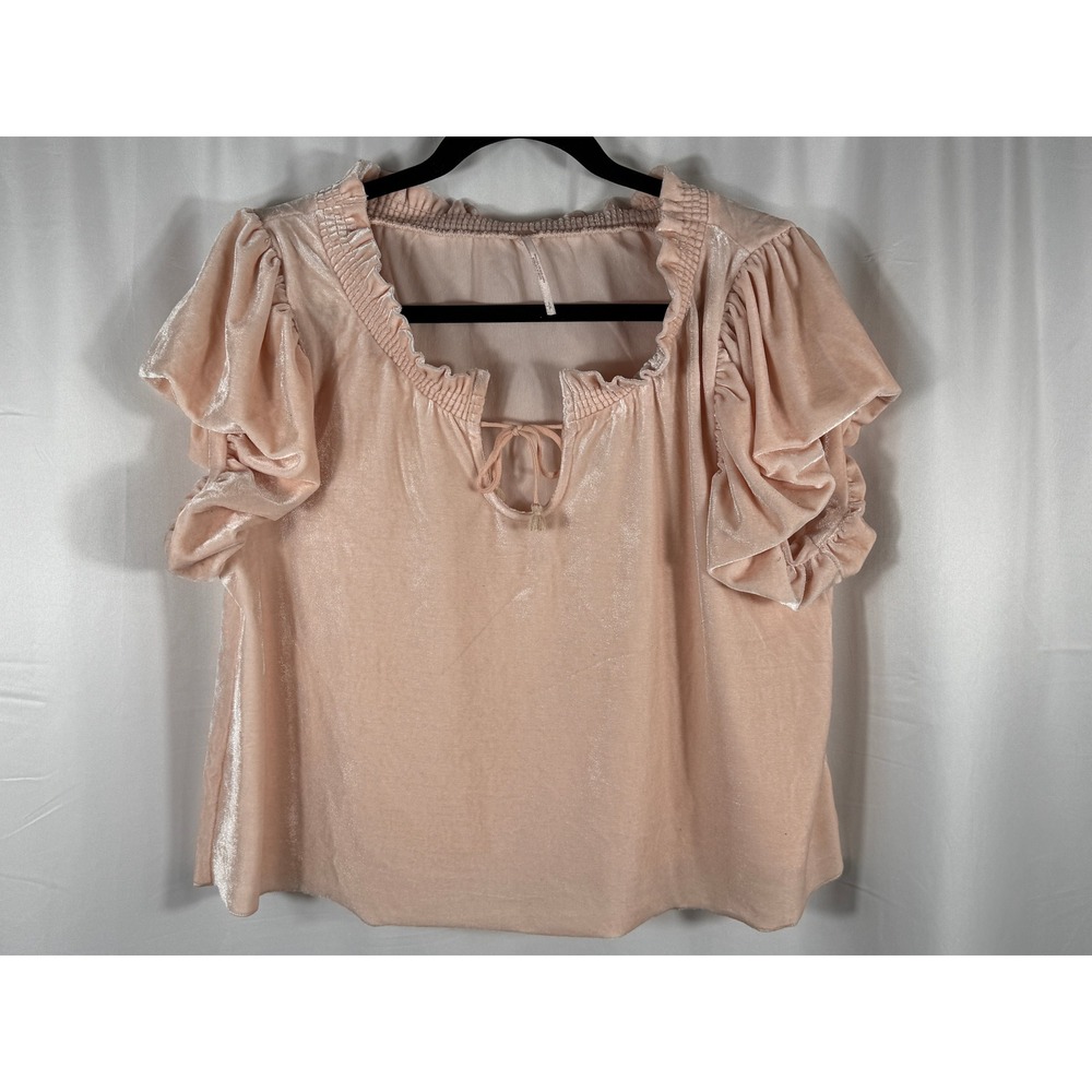 Free People Blush Pink / Peach Velvet Ruffle Sleeve Smocked Blouse Womens S